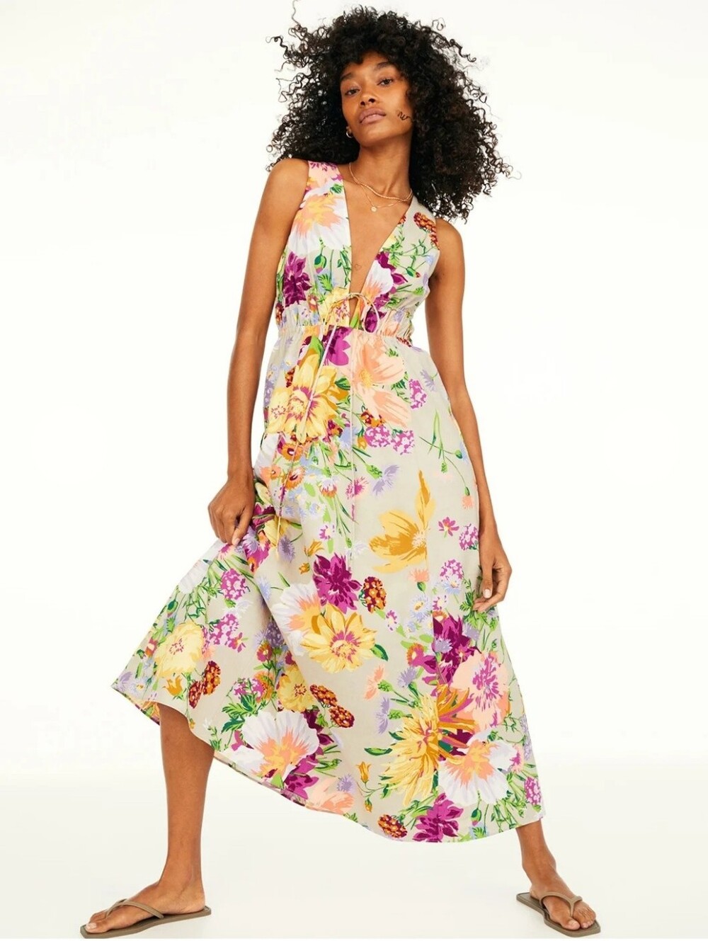 H&M Linen-Cotton Blend Floral V-Neck Sundress | Lavender & Yellow | Medium